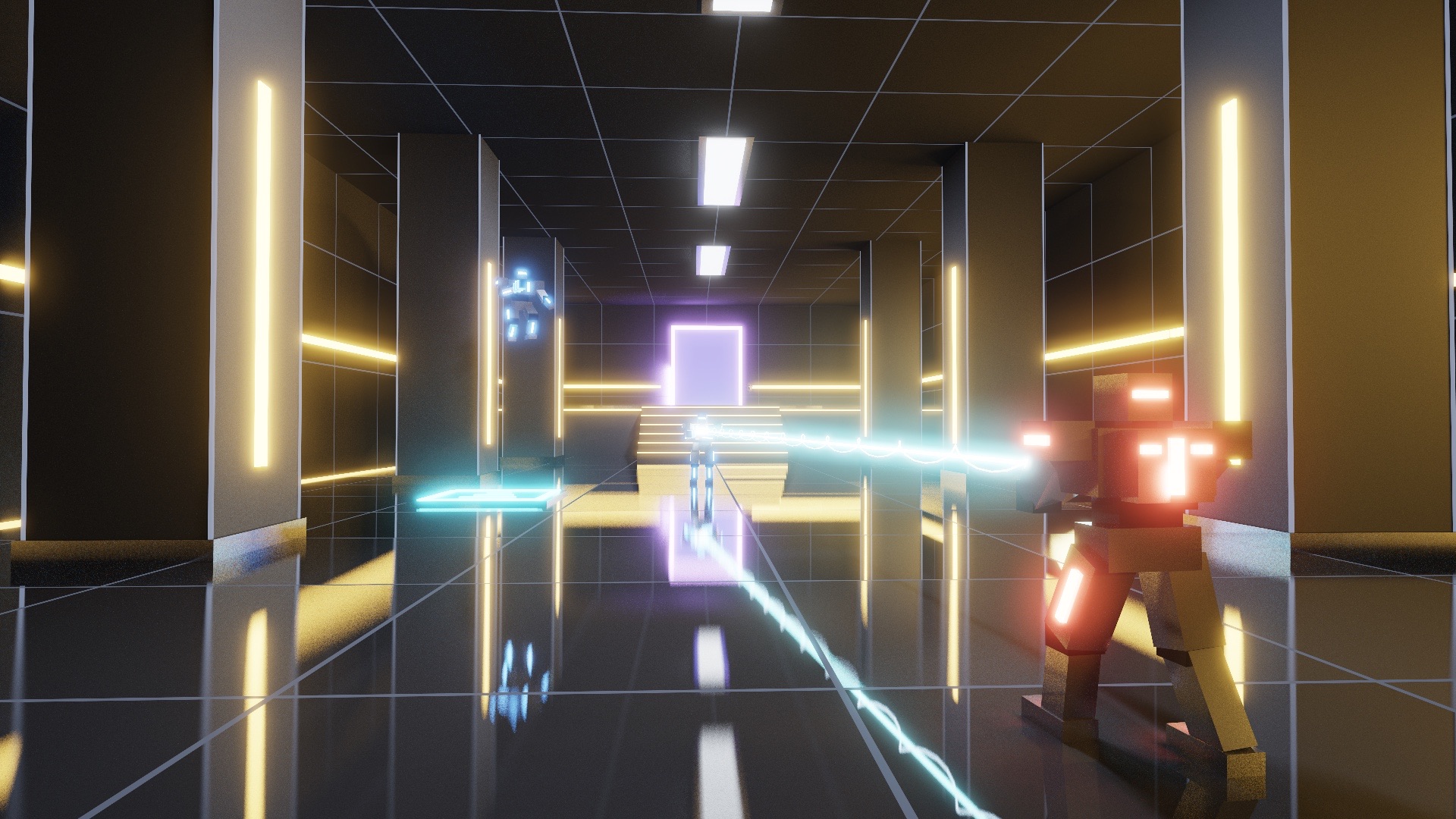 A dark hall with amber light strips reflected in a glossy floor. A machine with red glowing lines fires a cyan rail shot at a blue machine; another leaps from a jump pad.